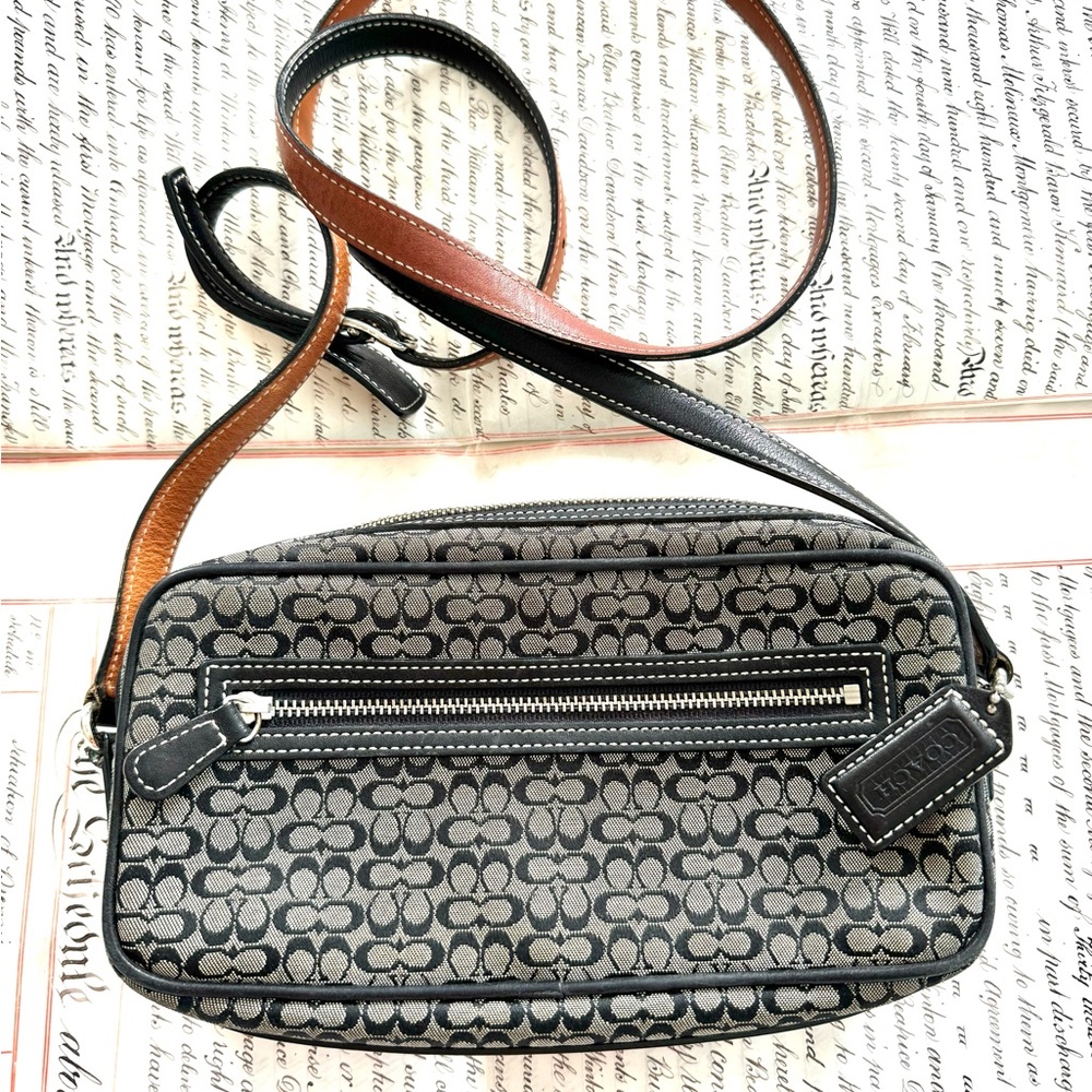 Vintage Coach Crossbody Bag Black Signature with Tan inner strap accent